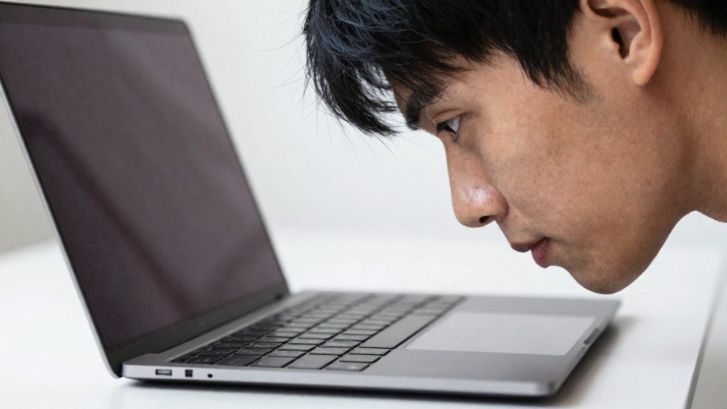 Why does the head move forward in front of a laptop?