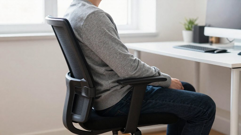 Why does sitting for hours strain the lower back?